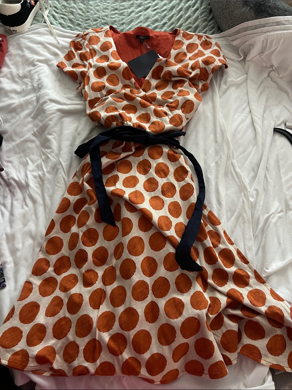 Tocca Dot Orange Midi Dress with Belt Navy